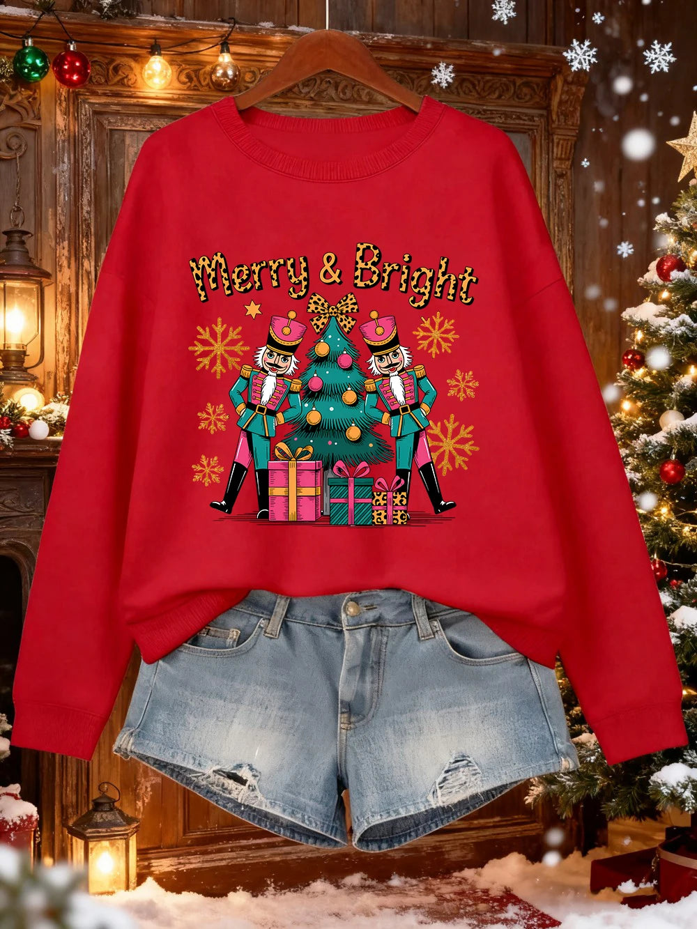 Merry Bright Christmas Gifts Prints Sweatshirt Women Crewneck Casual Hoodie