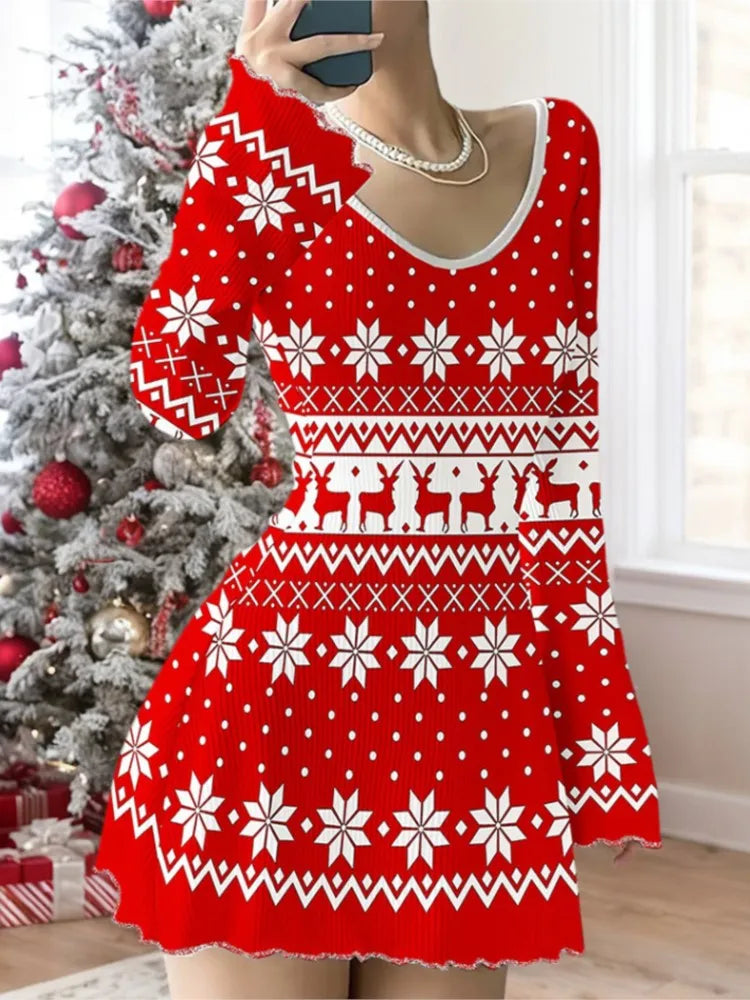 Fashion Christmas Dress For Women Casual Print Long Sleeve