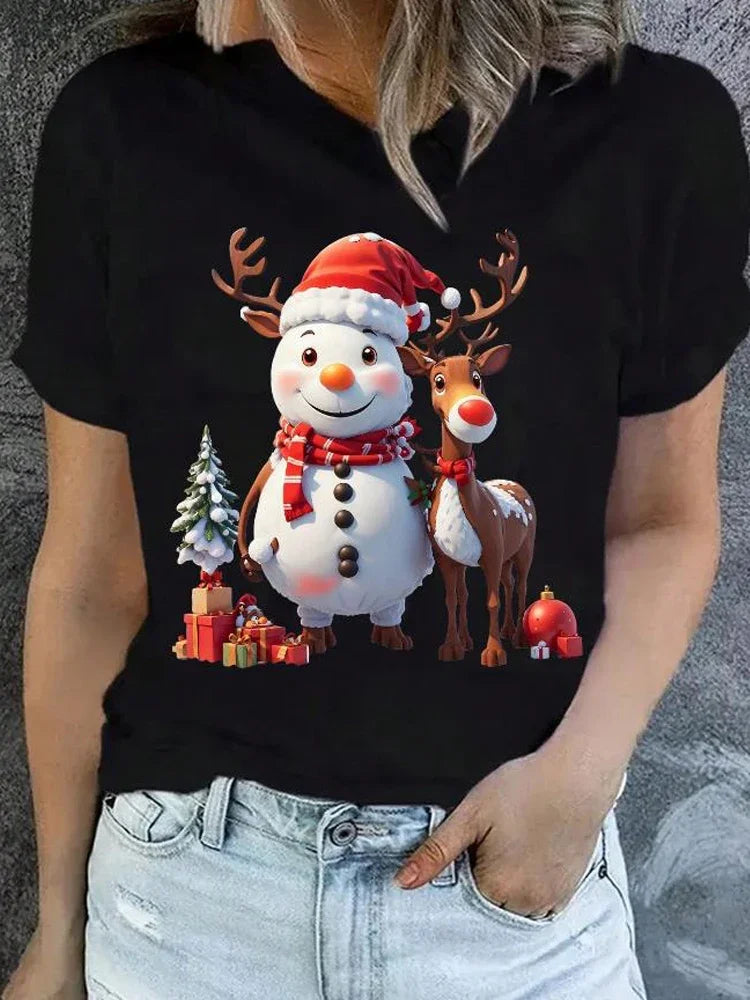 Christmas Women Casual T Shirt Cartoon Snowman Reindeer Christmas Tree