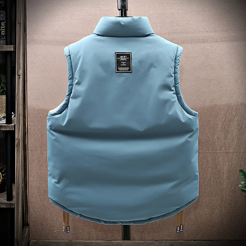 Men Winter Vest With Bag Casual Warm Stand Collar
