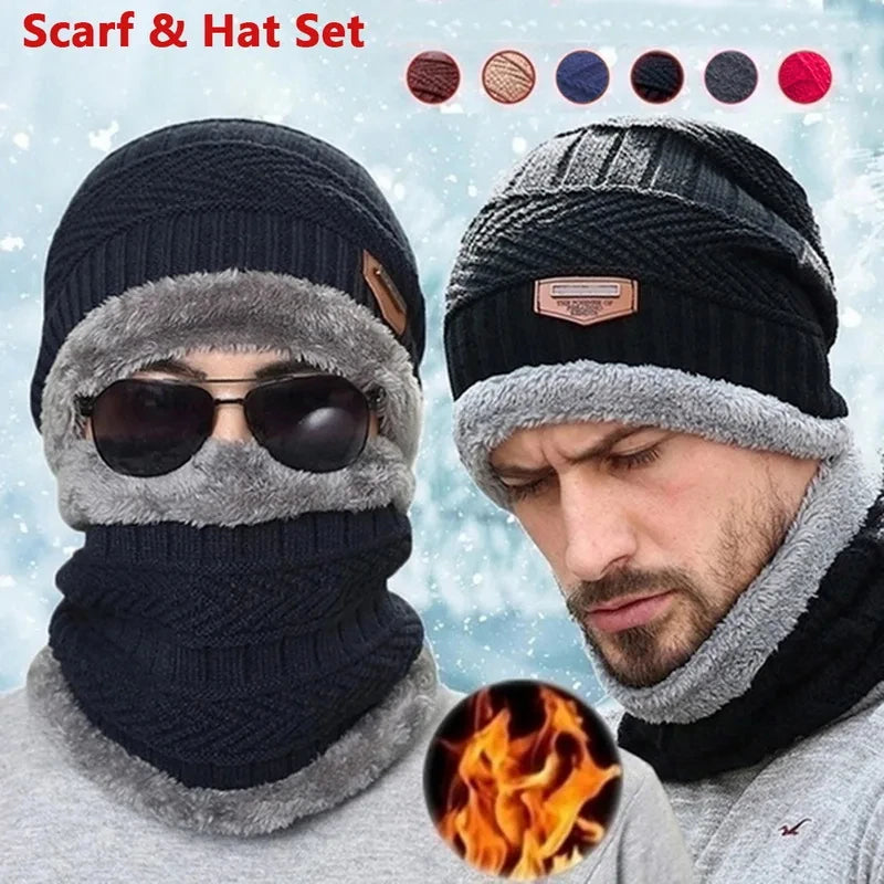 Winter Hat For Men Fleece Scarf Women Neck Leather Knitted Cap Thick Wool Neck Warmer