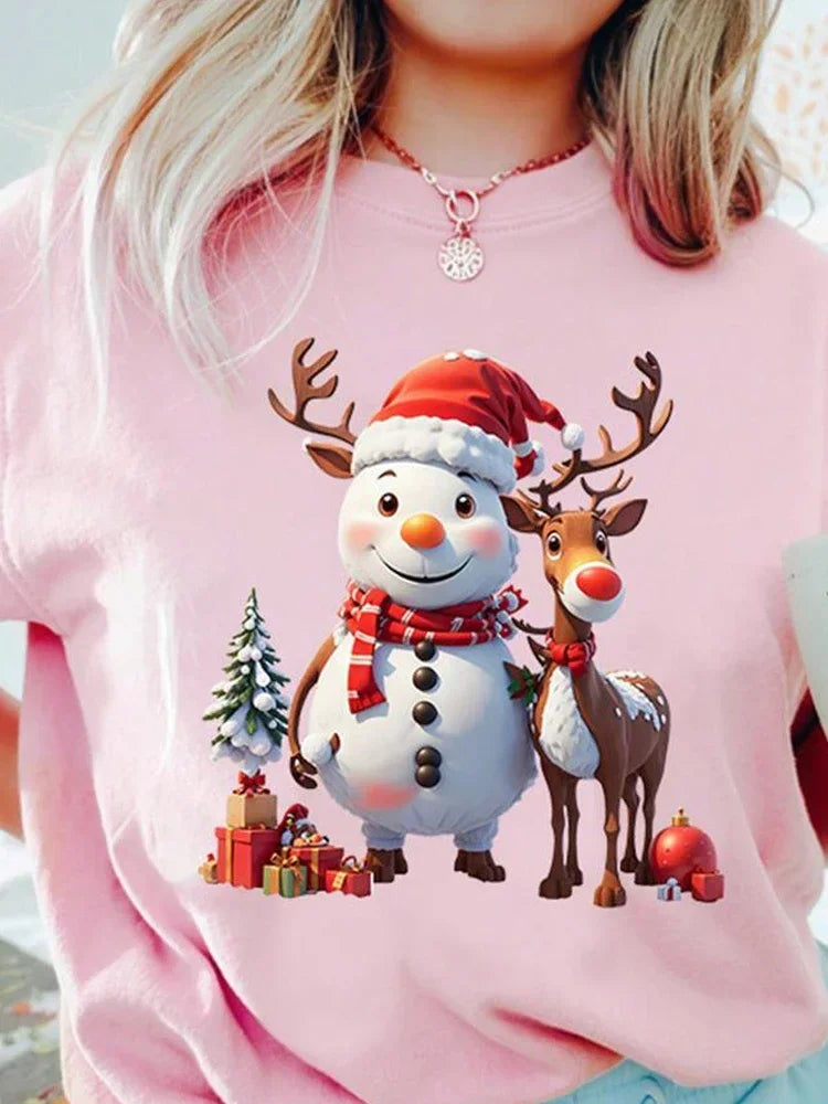 Christmas Women Casual T Shirt Cartoon Snowman Reindeer Christmas Tree
