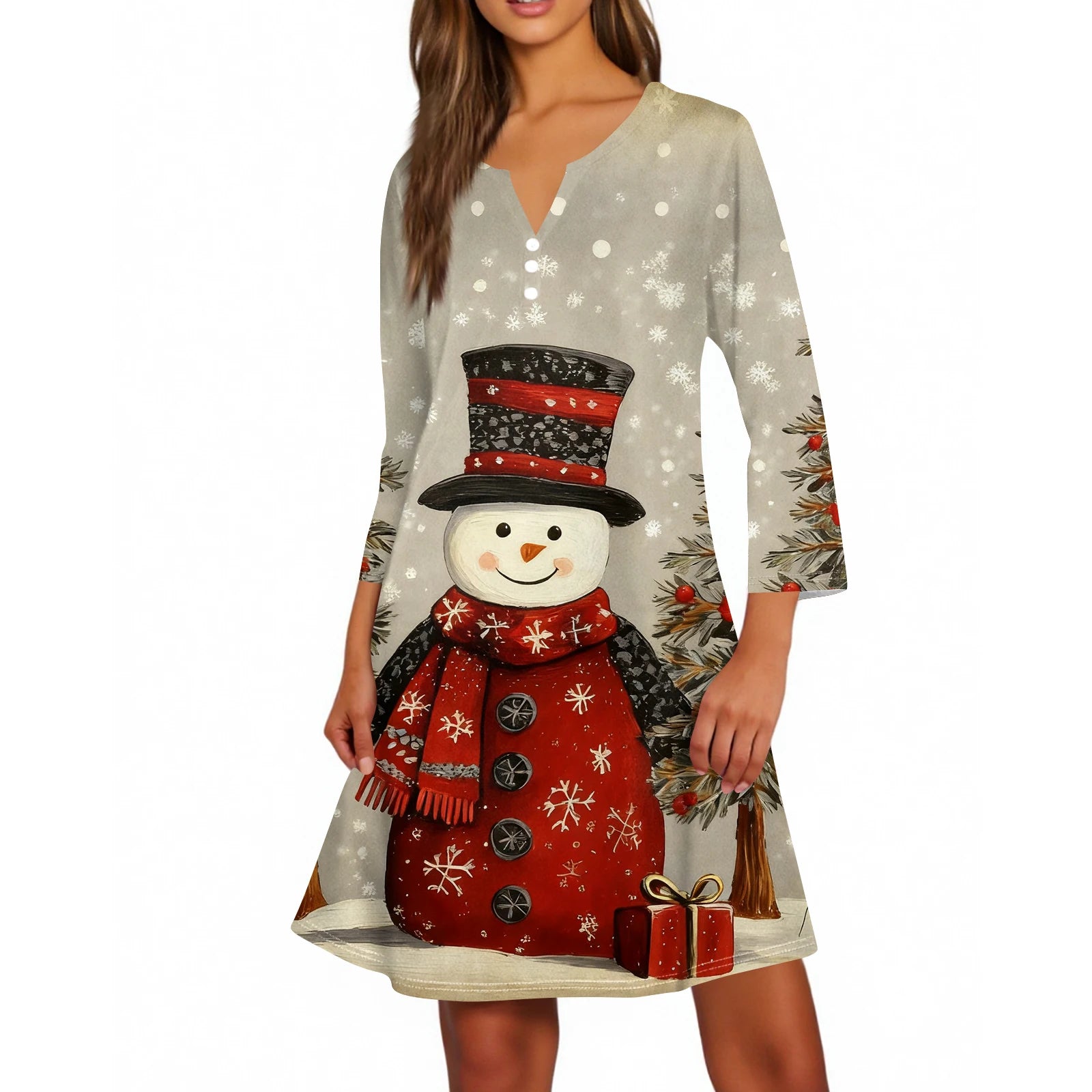 Christmas Women Cute Snowman Printed Dress Spring Autumn Lady's Casual Loose V-neck