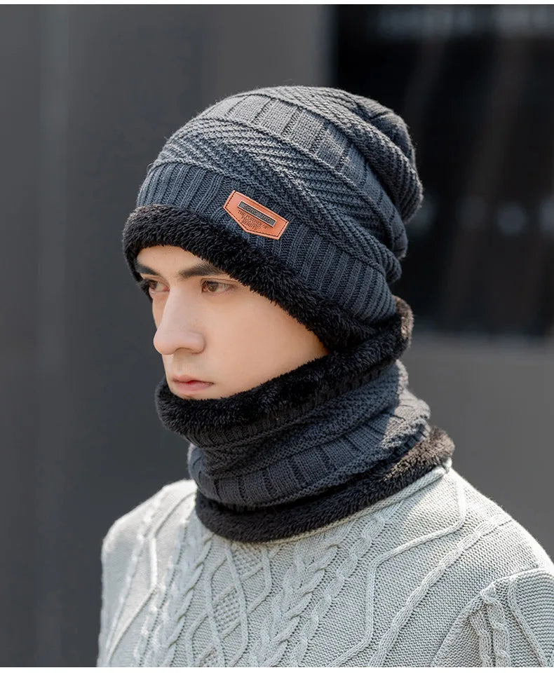 Winter Hat For Men Fleece Scarf Women Neck Leather Knitted Cap Thick Wool Neck Warmer