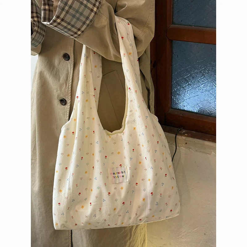 Women's Tote Bags Korean Floral Sweet Fashionable Versatile Canvas Bags