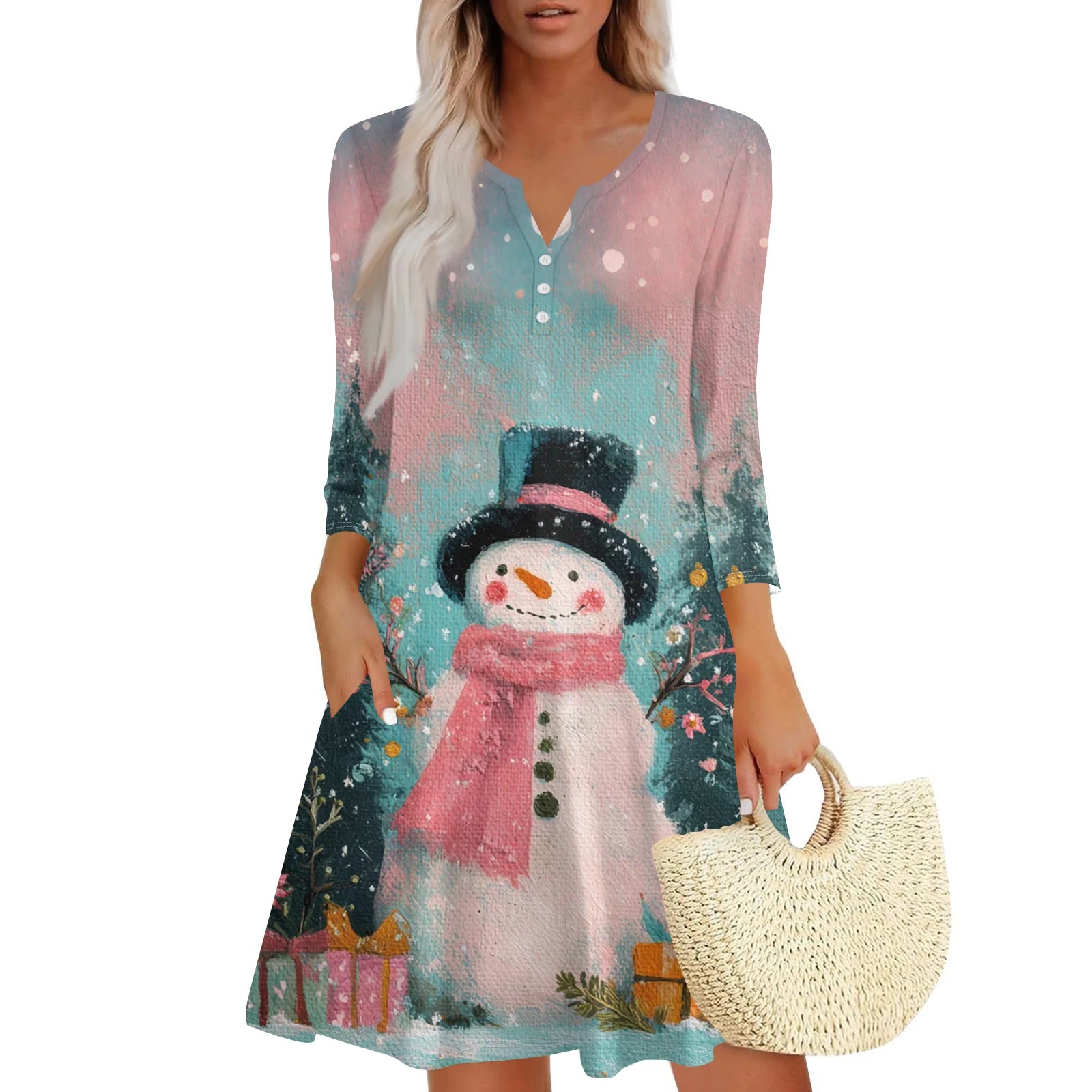 Christmas Women Cute Snowman Printed Dress Spring Autumn Lady's Casual Loose V-neck