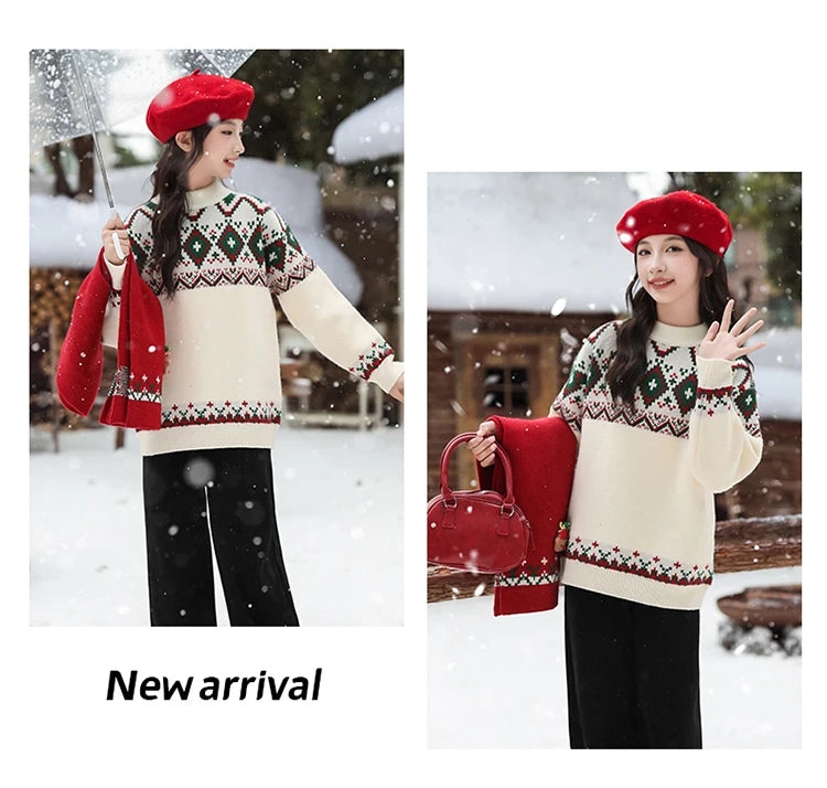 Elegant Girls Christmas Sweater with Scarf For Child New Year Knitted Clothing for Babies Kids