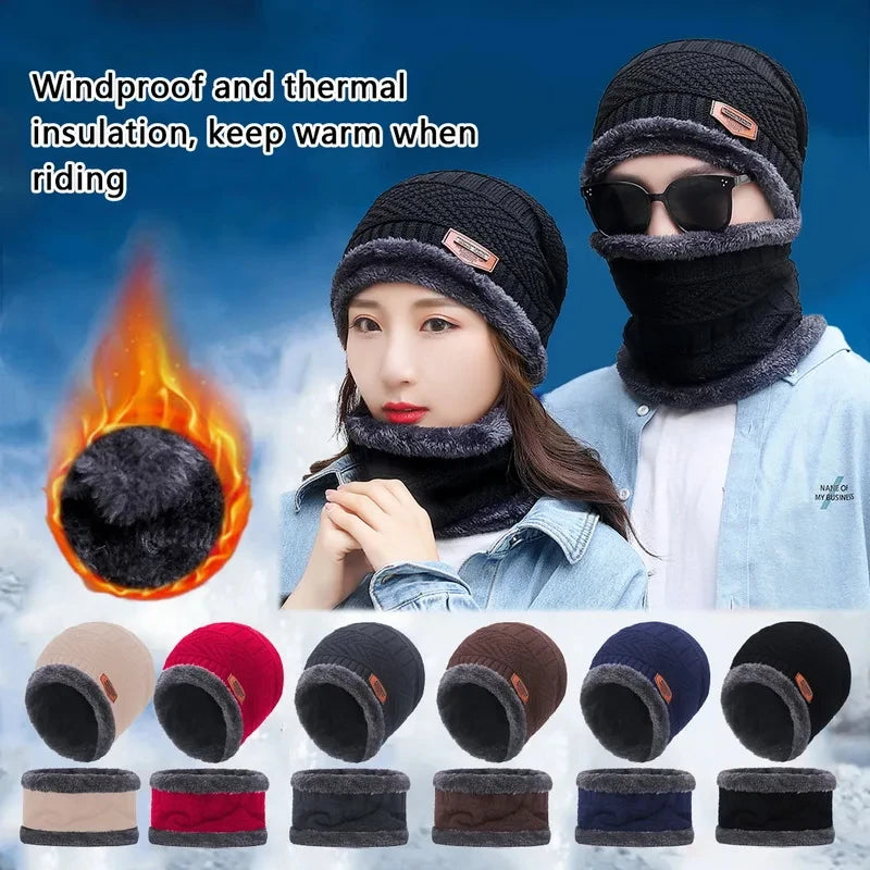 Winter Hat For Men Fleece Scarf Women Neck Leather Knitted Cap Thick Wool Neck Warmer