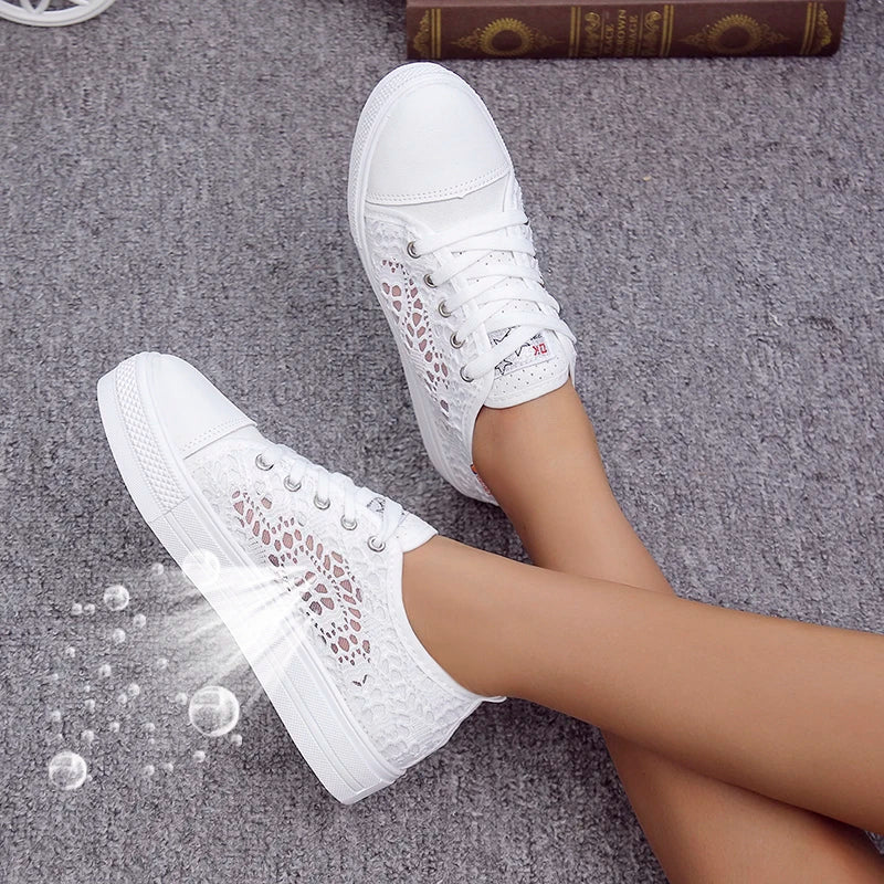 Women Shoes Fashion Casual White Shoes Cutouts Lace Canvas