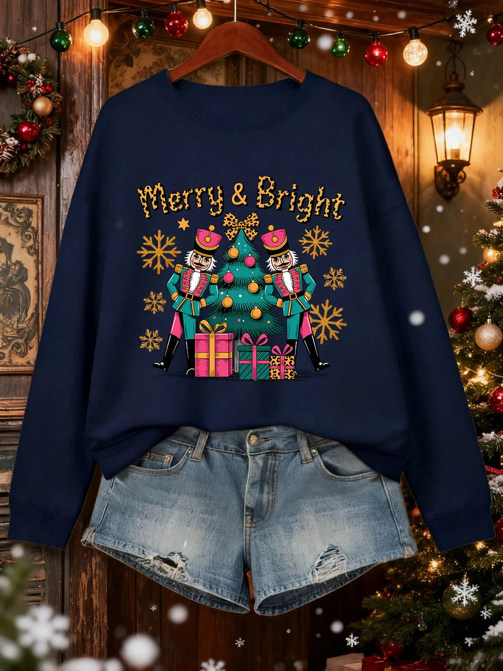 Merry Bright Christmas Gifts Prints Sweatshirt Women Crewneck Casual Hoodie