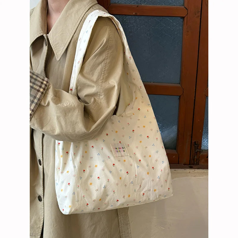 Women's Tote Bags Korean Floral Sweet Fashionable Versatile Canvas Bags