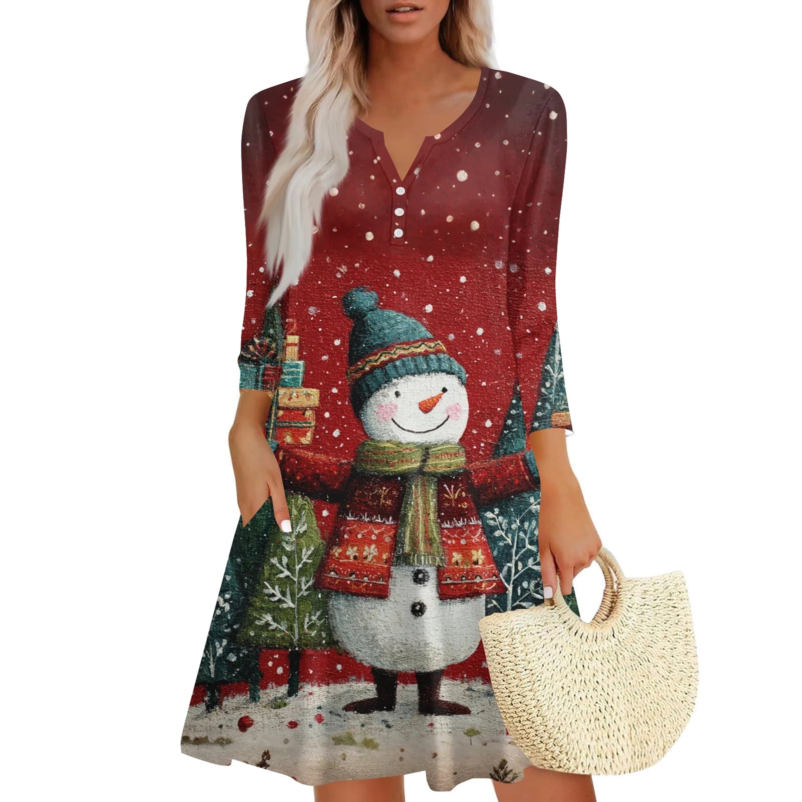 Christmas Women Cute Snowman Printed Dress Spring Autumn Lady's Casual Loose V-neck