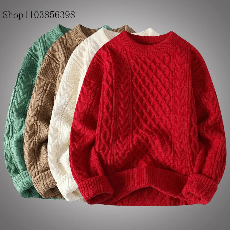 Men's Autumn Winter Round Neck Red Sweater Man Loose Casual Knitted Top