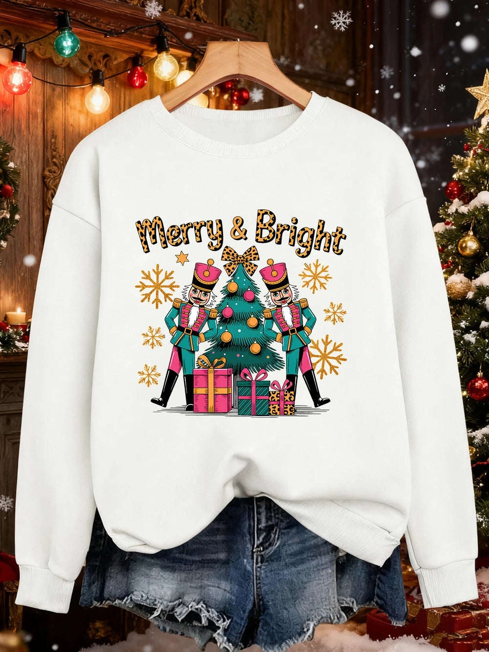 Merry Bright Christmas Gifts Prints Sweatshirt Women Crewneck Casual Hoodie