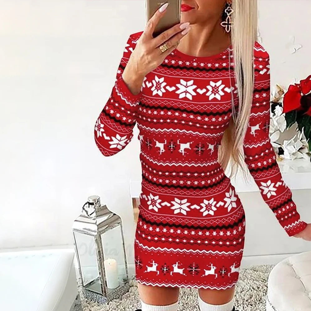 Elegant Women Christmas Elegant Bodycon Snowflake Red Xmas Short Skirt