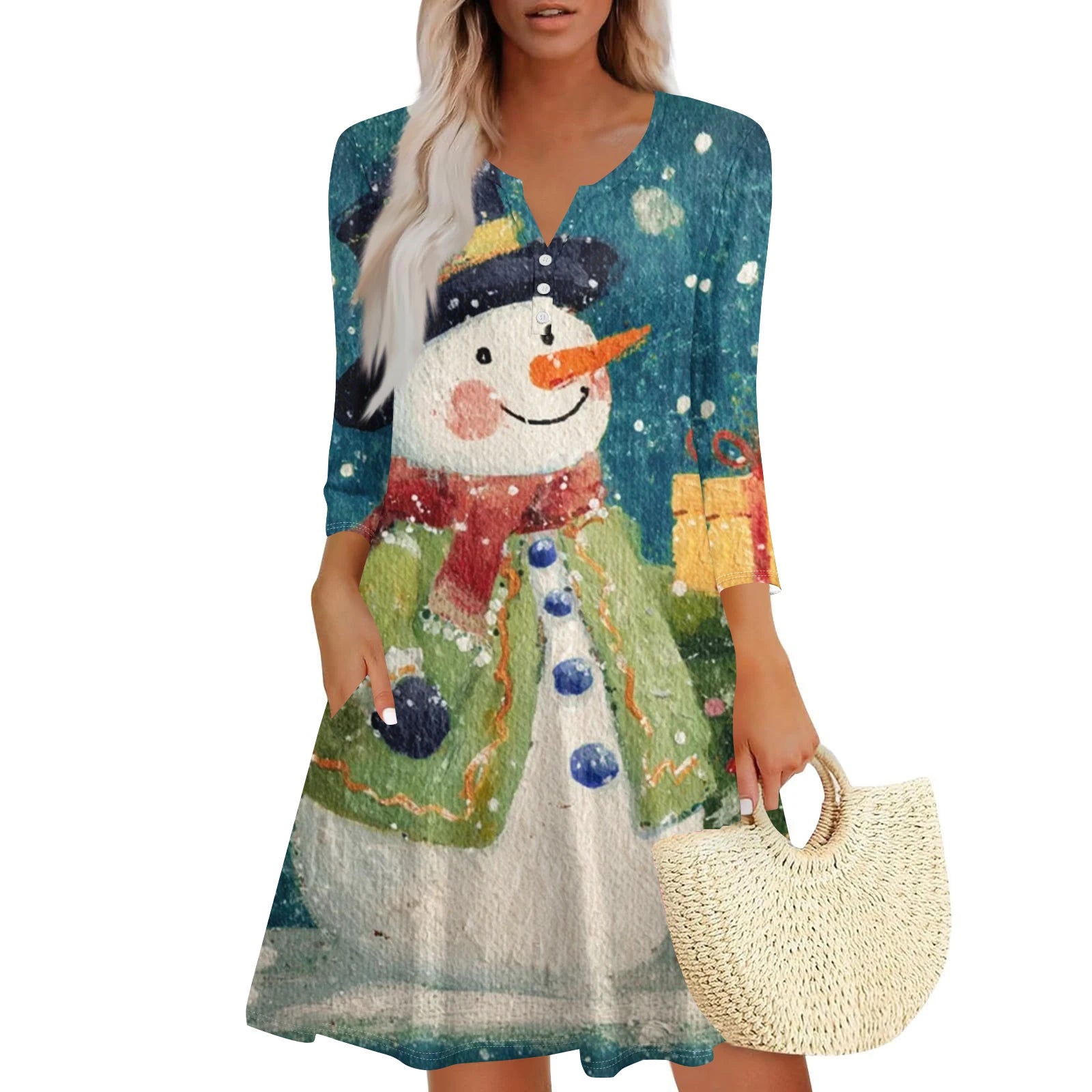 Christmas Women Cute Snowman Printed Dress Spring Autumn Lady's Casual Loose V-neck