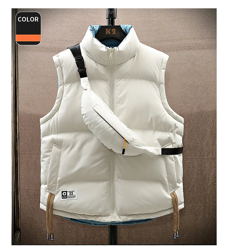 Men Winter Vest With Bag Casual Warm Stand Collar