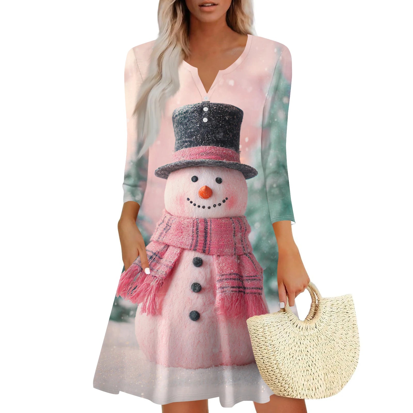 Christmas Women Cute Snowman Printed Dress Spring Autumn Lady's Casual Loose V-neck