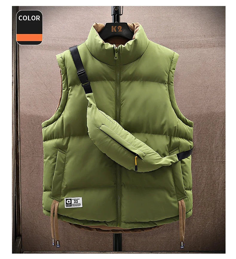 Men Winter Vest With Bag Casual Warm Stand Collar