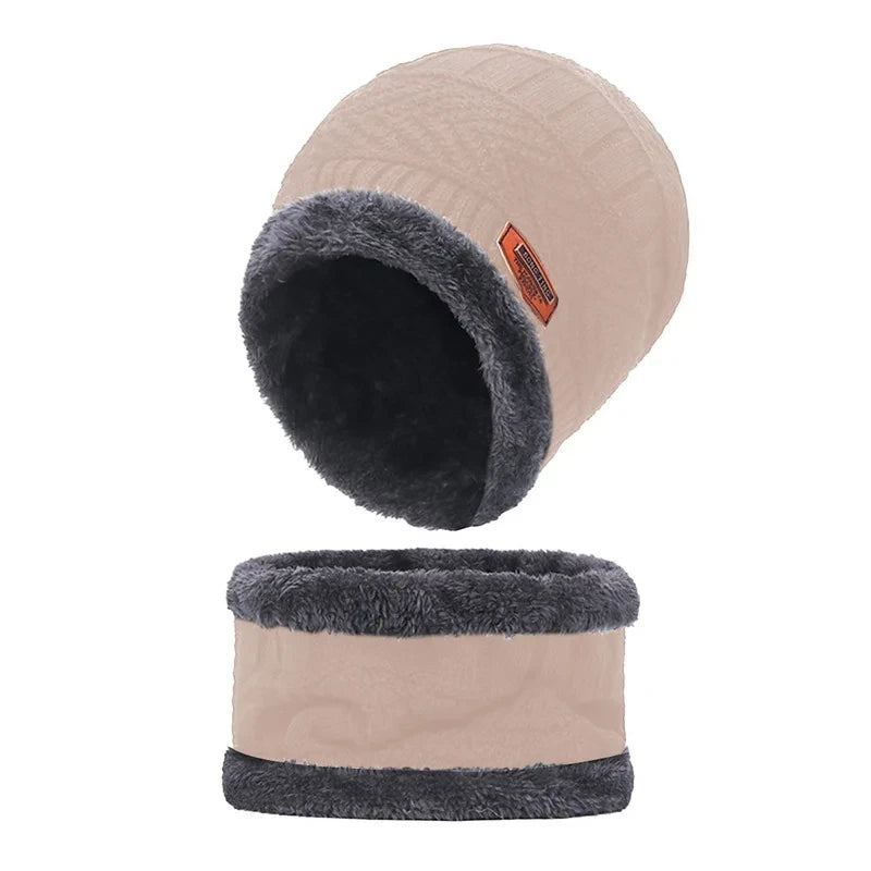 Winter Hat For Men Fleece Scarf Women Neck Leather Knitted Cap Thick Wool Neck Warmer