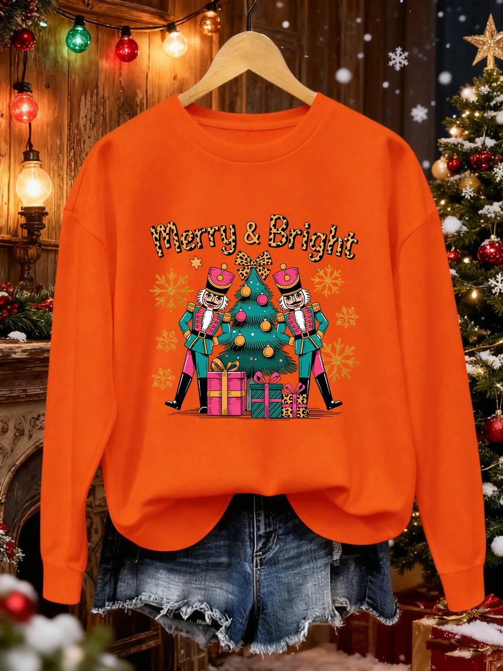 Merry Bright Christmas Gifts Prints Sweatshirt Women Crewneck Casual Hoodie