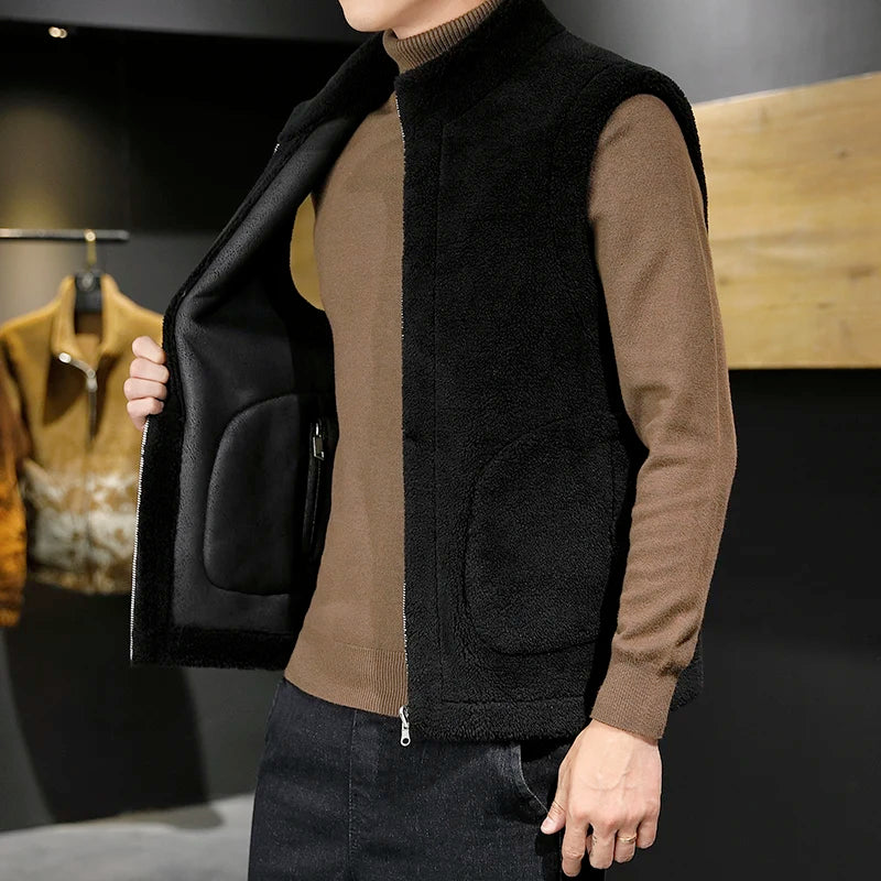 Winter Lamb Wool Vests Men Warm Coat Fashion Casual Thick Stand Collar