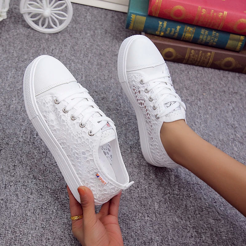 Women Shoes Fashion Casual White Shoes Cutouts Lace Canvas