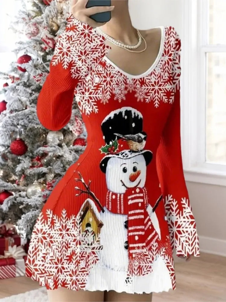 Fashion Christmas Dress For Women Casual Print Long Sleeve