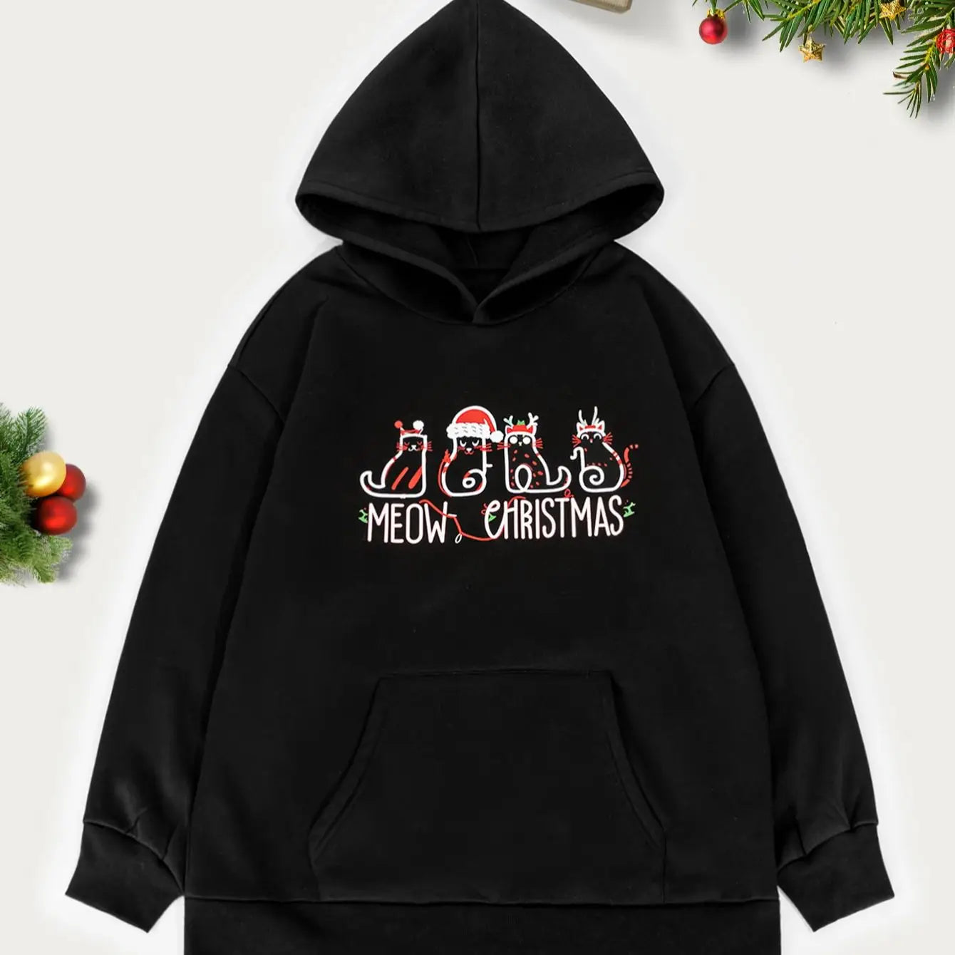 Women's Black Christmas Cat Graphic "MEOW CHRISTMAS" Hoodie - Holiday Casual Outfit