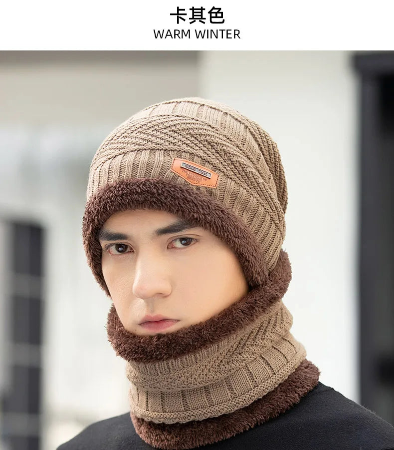 Winter Hat For Men Fleece Scarf Women Neck Leather Knitted Cap Thick Wool Neck Warmer