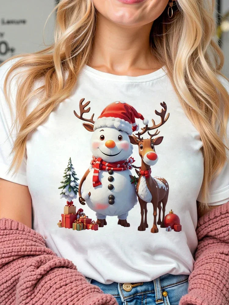 Christmas Women Casual T Shirt Cartoon Snowman Reindeer Christmas Tree