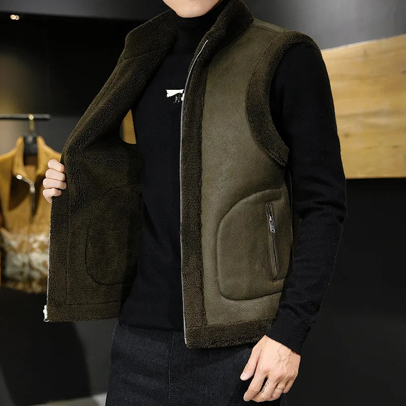 Winter Lamb Wool Vests Men Warm Coat Fashion Casual Thick Stand Collar