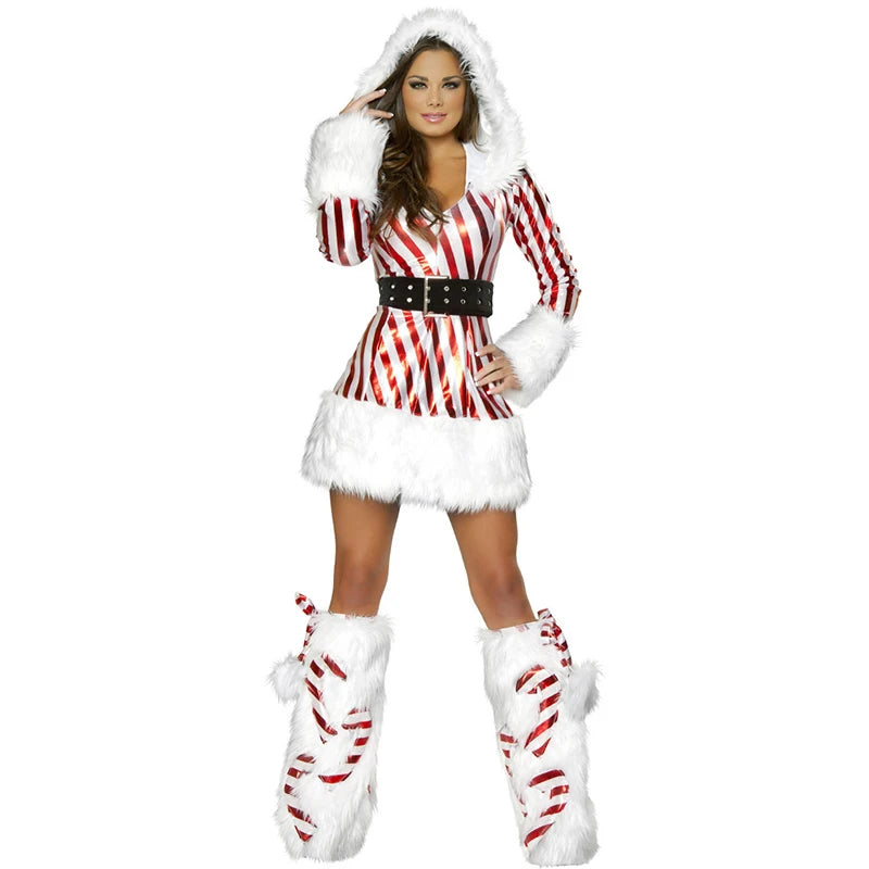 New Women Christmas Hooded Dress 3Pcs Up Winter Velvet Striped Mrs Claus Santa