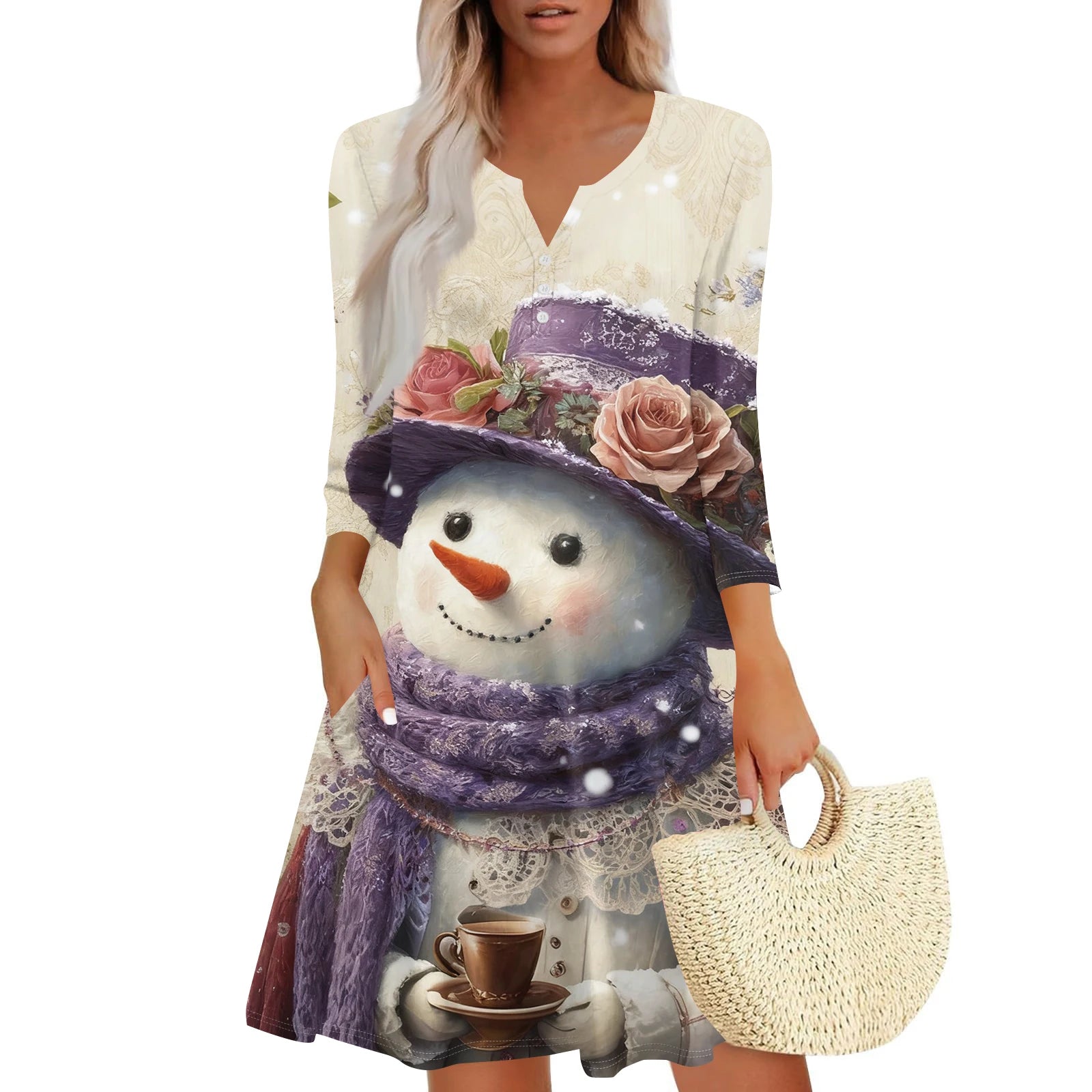 Christmas Women Cute Snowman Printed Dress Spring Autumn Lady's Casual Loose V-neck