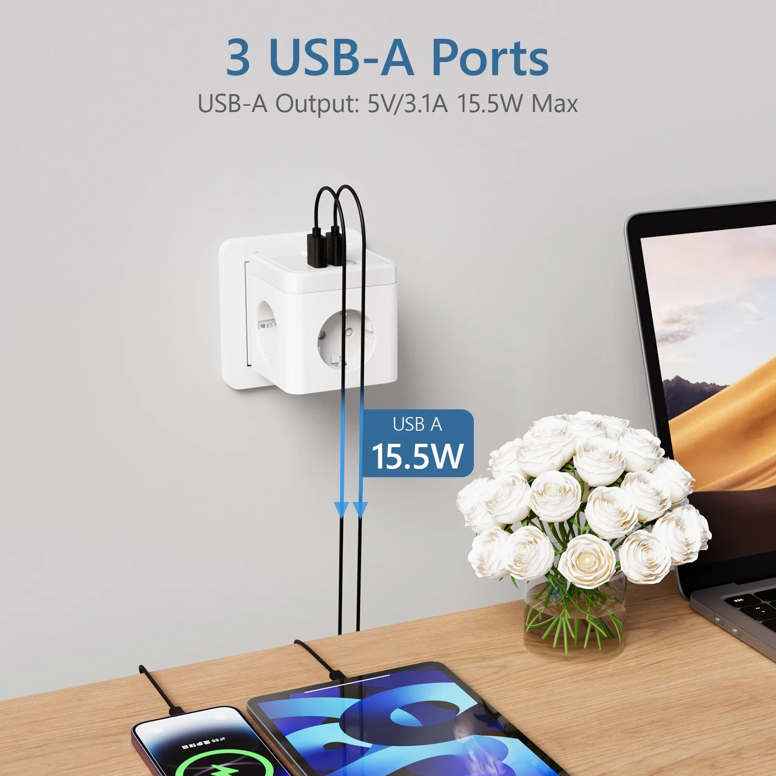 Wall Socket Extender with 3 AC Outlets 3 USB Ports 6-in-1 EU Plug Charger