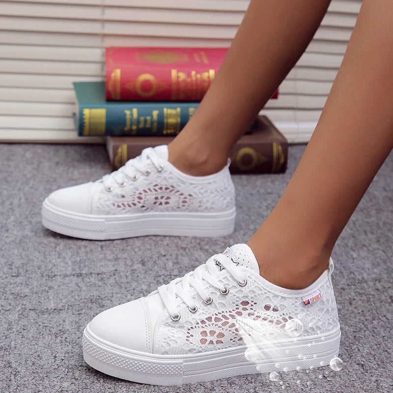 Women Shoes Fashion Casual White Shoes Cutouts Lace Canvas