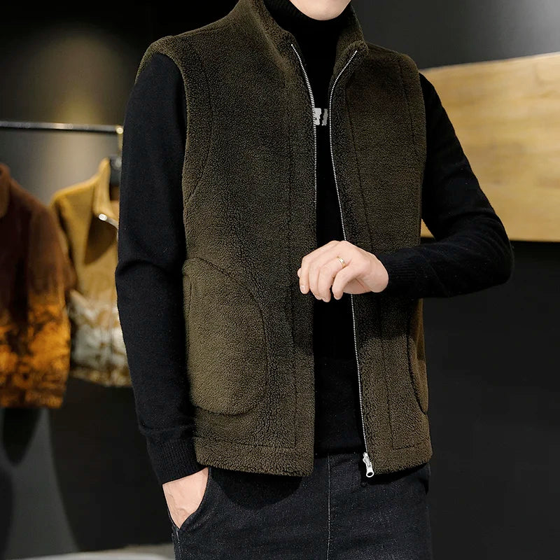 Winter Lamb Wool Vests Men Warm Coat Fashion Casual Thick Stand Collar