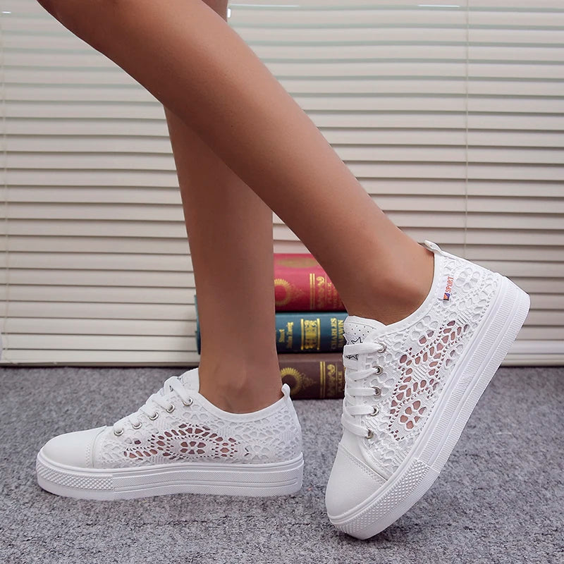 Women Shoes Fashion Casual White Shoes Cutouts Lace Canvas