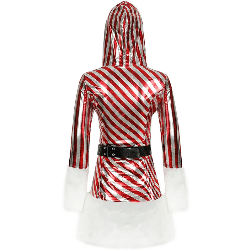 New Women Christmas Hooded Dress 3Pcs Up Winter Velvet Striped Mrs Claus Santa