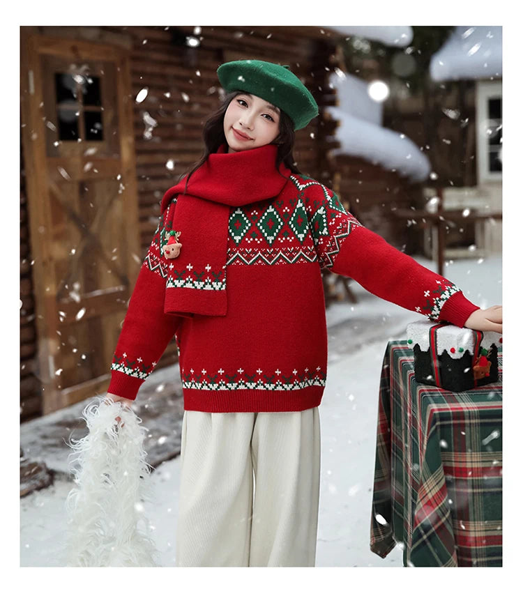 Elegant Girls Christmas Sweater with Scarf For Child New Year Knitted Clothing for Babies Kids