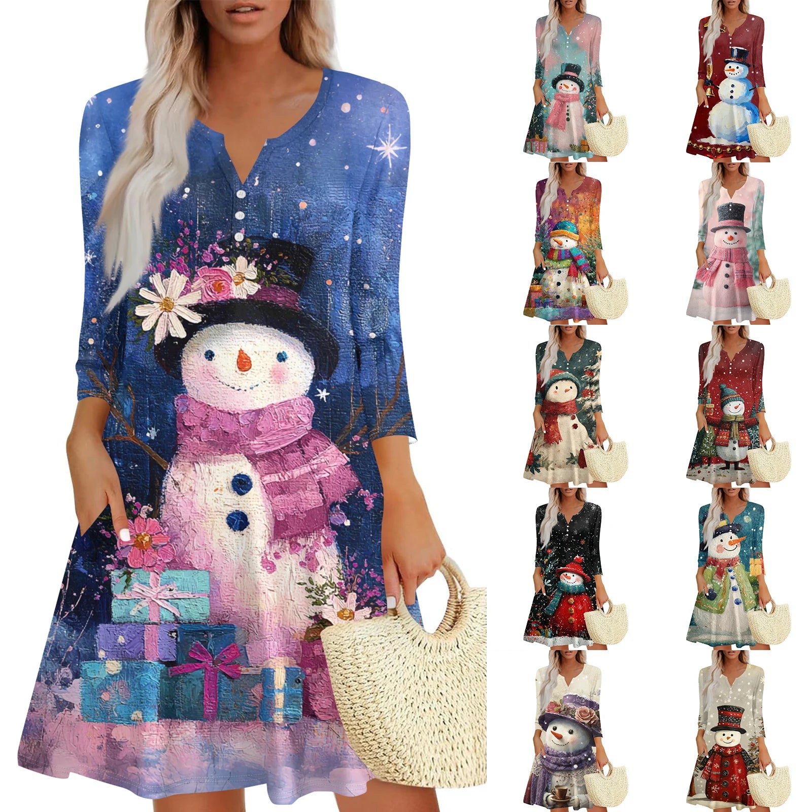 Christmas Women Cute Snowman Printed Dress Spring Autumn Lady's Casual Loose V-neck
