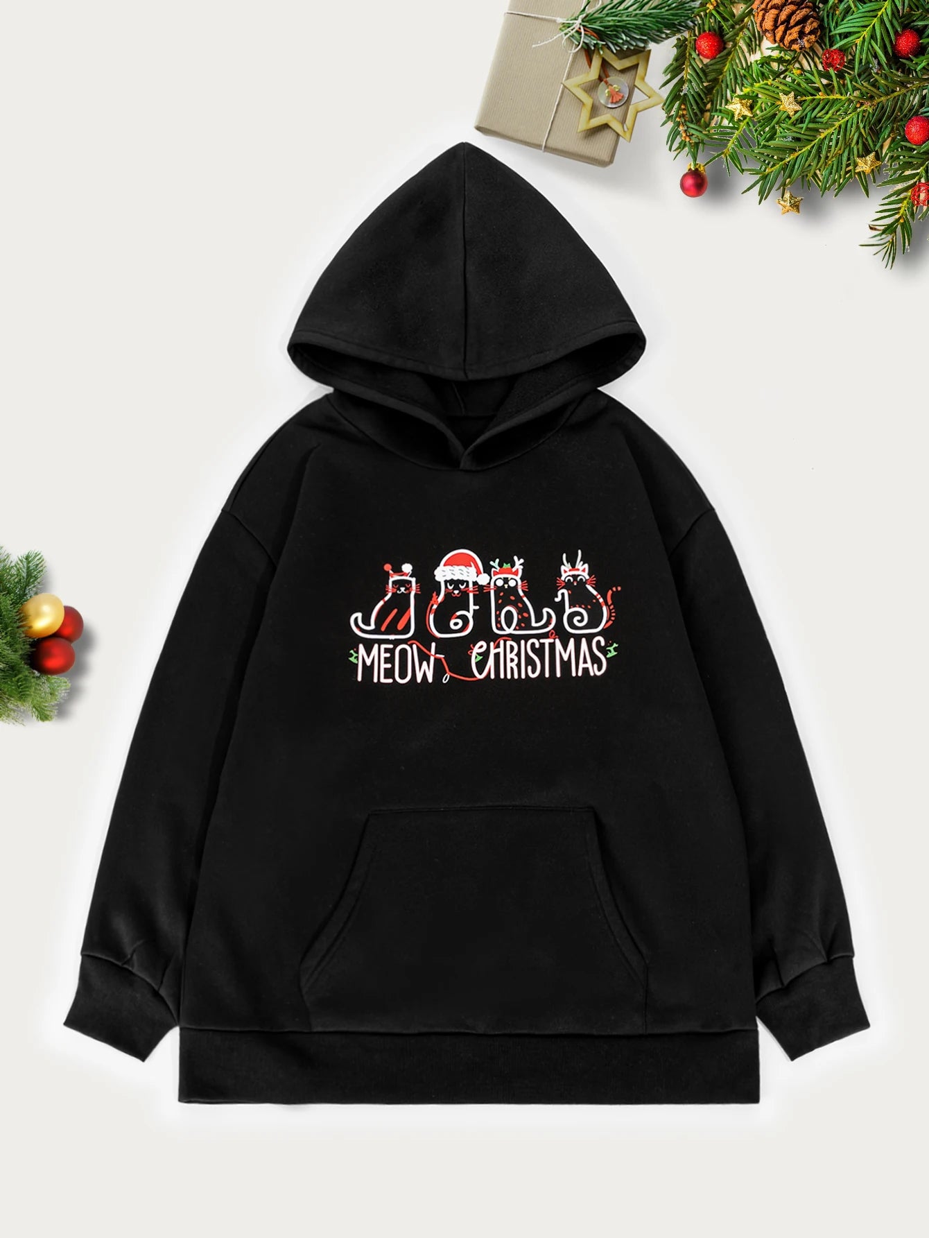 Women's Black Christmas Cat Graphic "MEOW CHRISTMAS" Hoodie - Holiday Casual Outfit