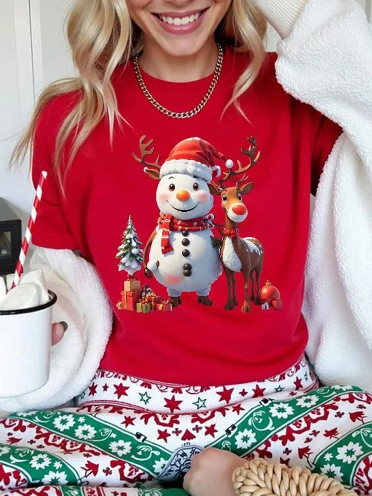 Christmas Women Casual T Shirt Cartoon Snowman Reindeer Christmas Tree