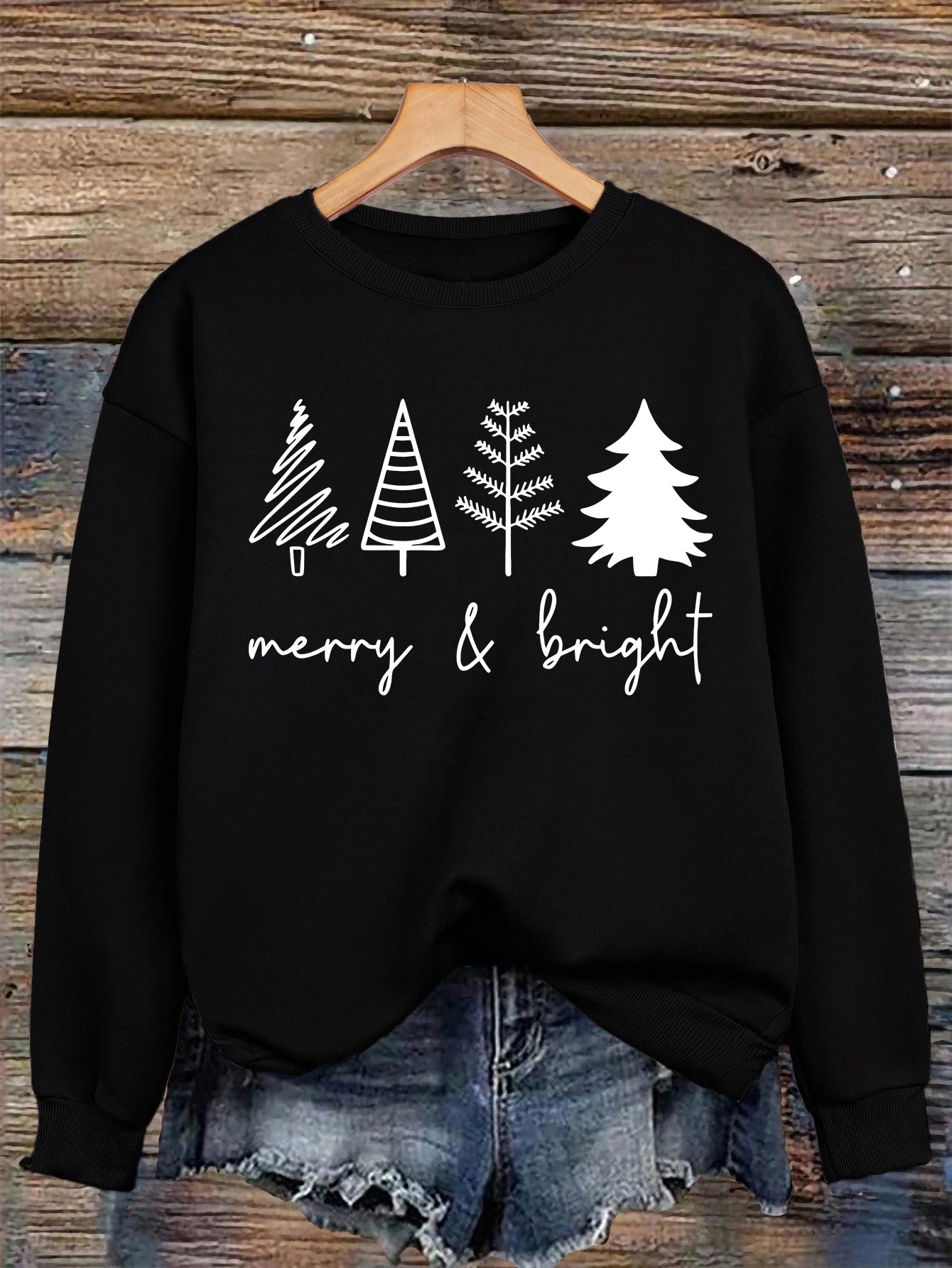 Merry Bright Christmas Tree Printing Women Sweatshirt Hip Hop Clothes