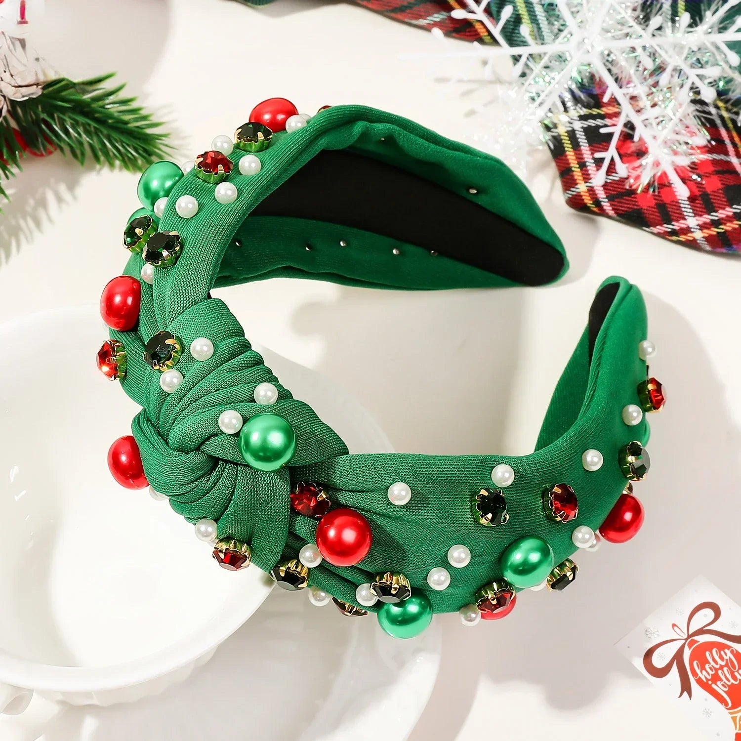Women Christmas  Beaded Xmas Bow Tree Snowflake Knotted Headband