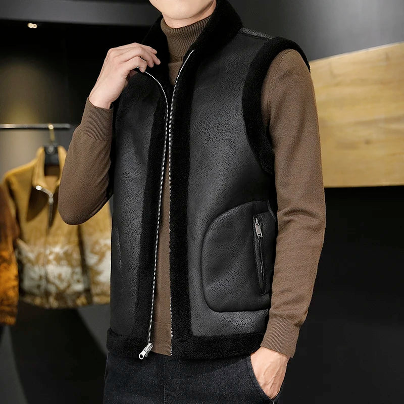 Winter Lamb Wool Vests Men Warm Coat Fashion Casual Thick Stand Collar