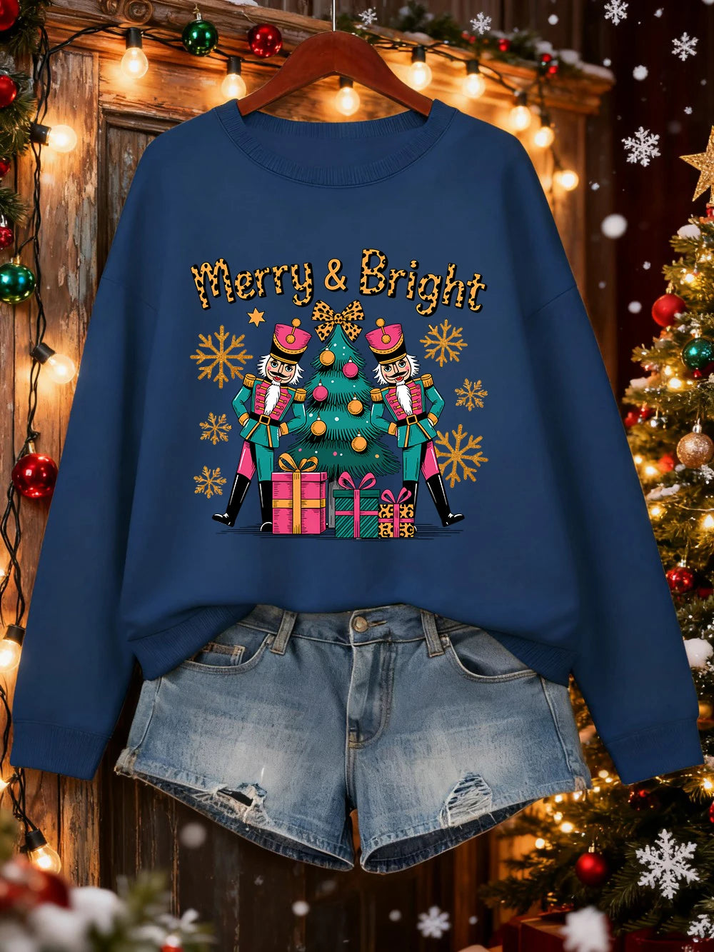 Merry Bright Christmas Gifts Prints Sweatshirt Women Crewneck Casual Hoodie