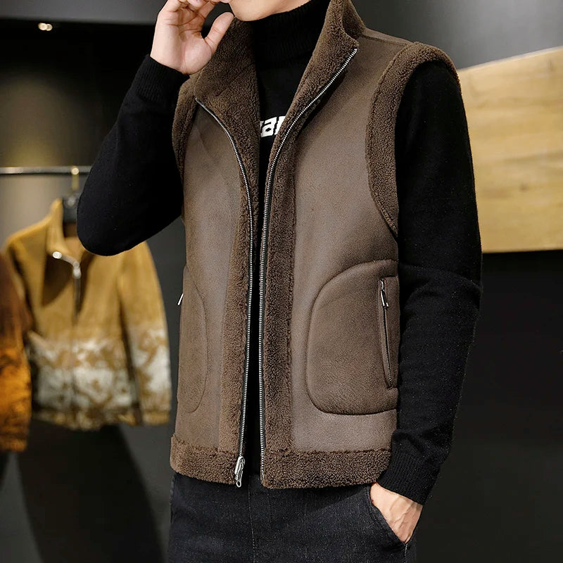 Winter Lamb Wool Vests Men Warm Coat Fashion Casual Thick Stand Collar