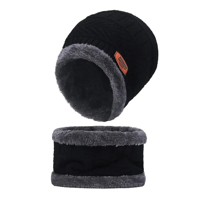 Winter Hat For Men Fleece Scarf Women Neck Leather Knitted Cap Thick Wool Neck Warmer