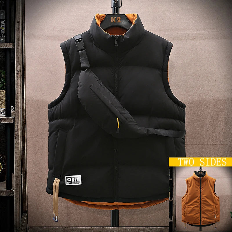 Men Winter Vest With Bag Casual Warm Stand Collar
